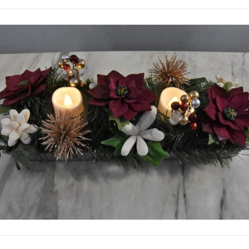 Festive Centerpiece! Galvanized metal tray w/burgundy Sola Poinsettia w/candles